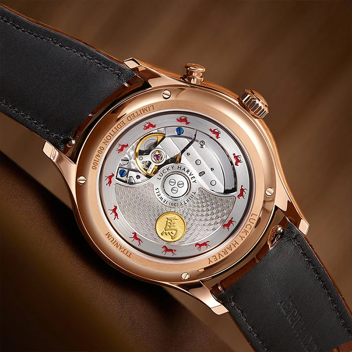 Luxury watch with visible mechanical components on a brown background
