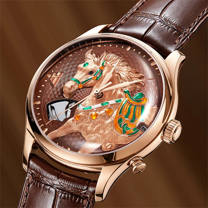 Luxury watch with a detailed horse design on the dial against a brown background