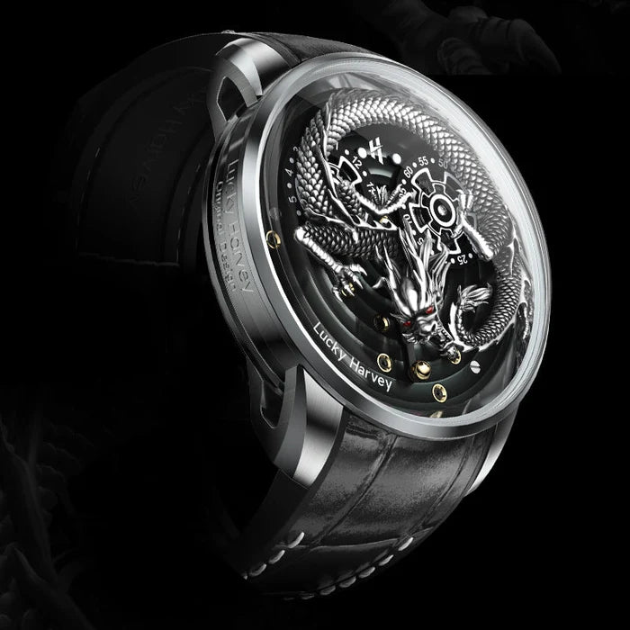 Luxury watch with intricate design and visible brand name on a dark background
