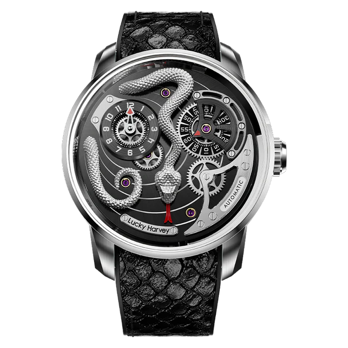 A luxury mechanical watch by Lucky Harvey, featuring a silver-toned case, a black textured leather strap, and a highly detailed skeleton dial with a silver snake winding through gears and subdials.