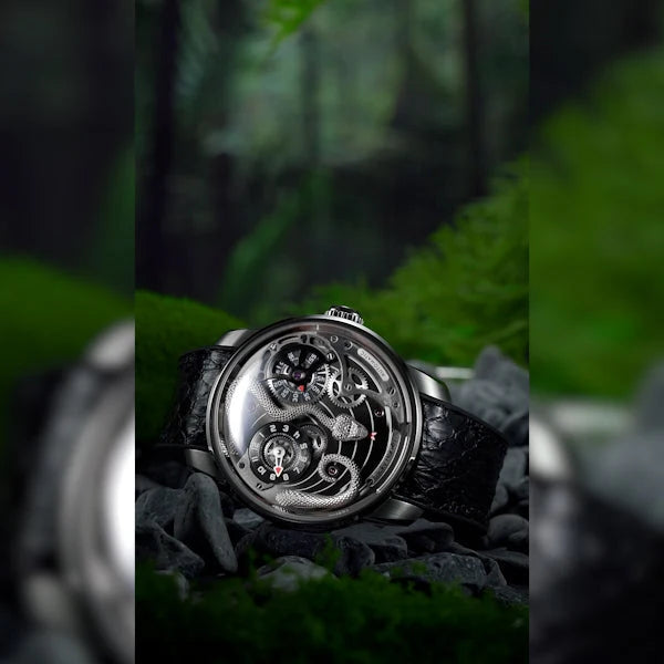 A luxury skeleton wristwatch with a detailed dragon motif on the dial, resting on dark rocks amidst lush green moss and foliage.