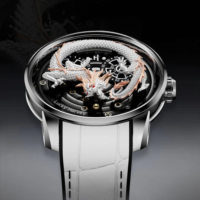Luxury watch with dragon design on the dial against a dark background
