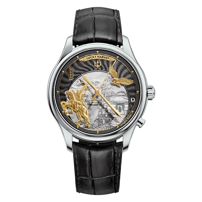 A luxury wristwatch by Lucky Harvey, featuring a round silver-tone case, a black leather strap, and a highly detailed skeleton dial with gold and black elements depicting a trident and a horse rider.