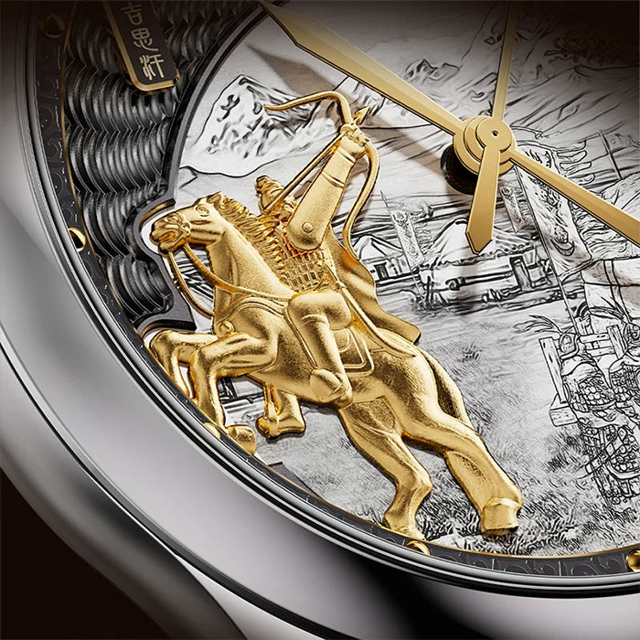 Close-up of a watch face with gold horse and rider design