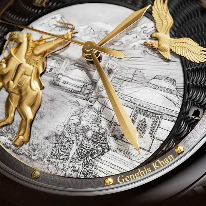 Luxury watch with intricate design featuring a gold figure and text 'Genghis Khan'.
