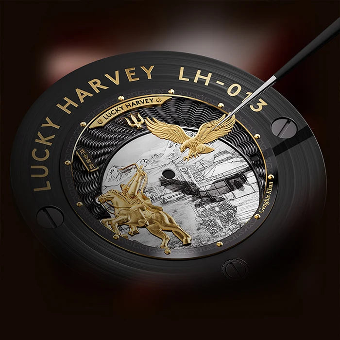 Close-up of a Lucky Harvey watch face with intricate designs and branding.