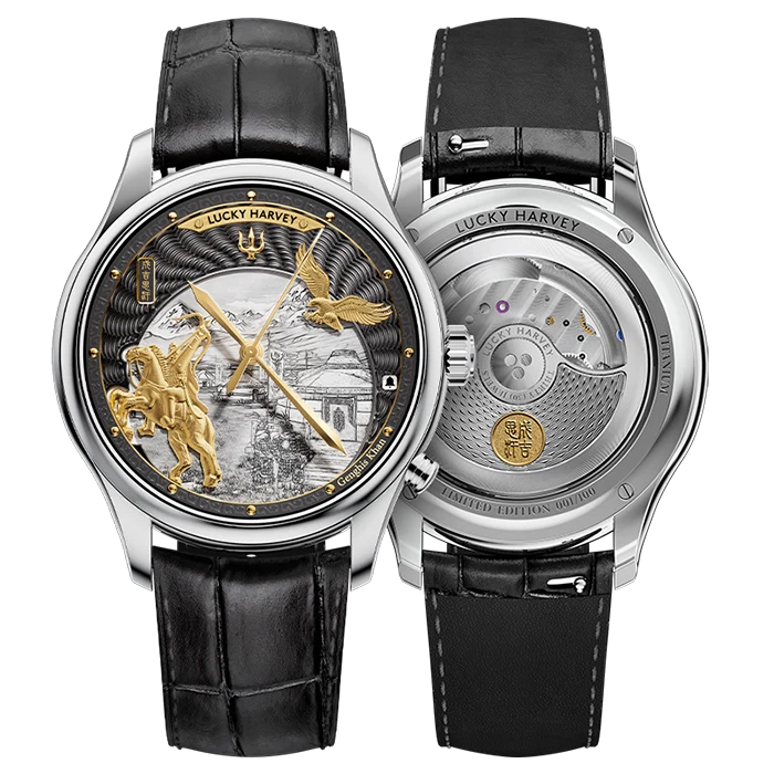 Two views of a Lucky Harvey wristwatch with a black leather strap, showing the front dial with gold equestrian artwork and the back case with the automatic mechanical movement.