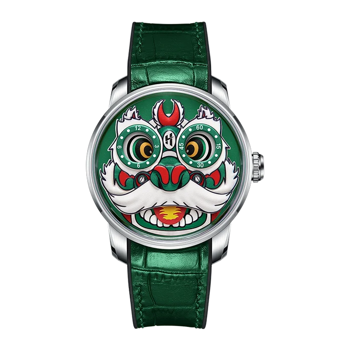 A wristwatch with a green alligator-textured strap and a round silver case. The dial features a highly detailed, colorful Chinese lion head illustration on a green background.