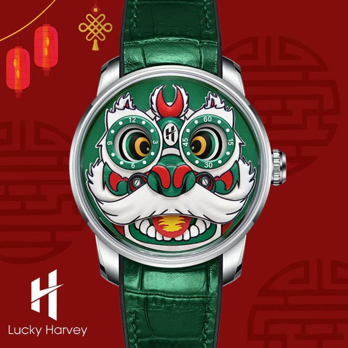 Watch with a dragon design on a red background, featuring the Lucky Harvey brand.