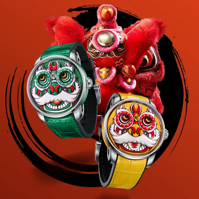 Two watches with colorful face designs on a red background