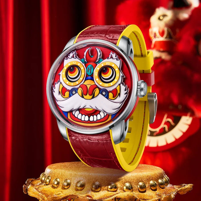 Watch with a colorful face design on a red background