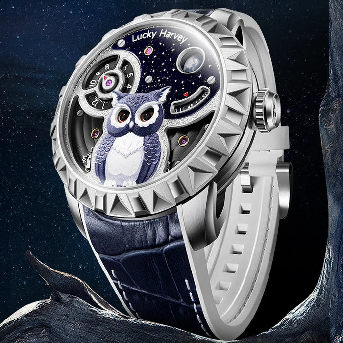 Luxury watch with owl design and 'Lucky Harvey' branding on a dark background