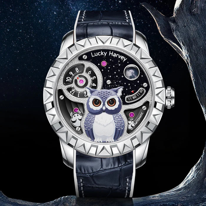 Luxury watch with owl design and 'Lucky Harvey' branding on a dark background