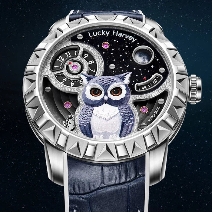 Luxury watch with owl design and 'Lucky Harvey' branding on a dark background