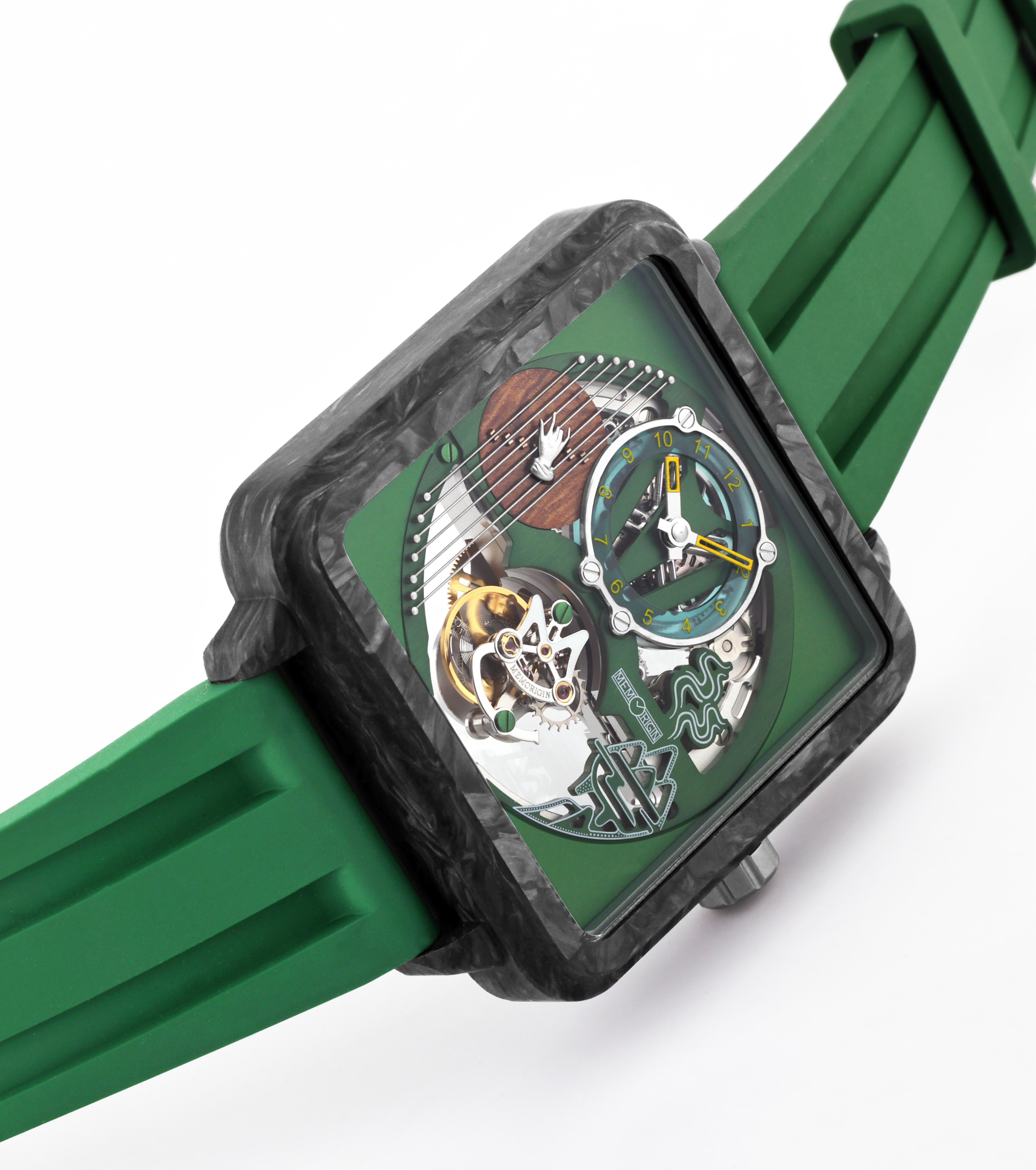 A close-up of a wristwatch with a green rubber strap, a dark marbled case, and a green dial featuring a skeletonized mechanical movement with gold and silver details.