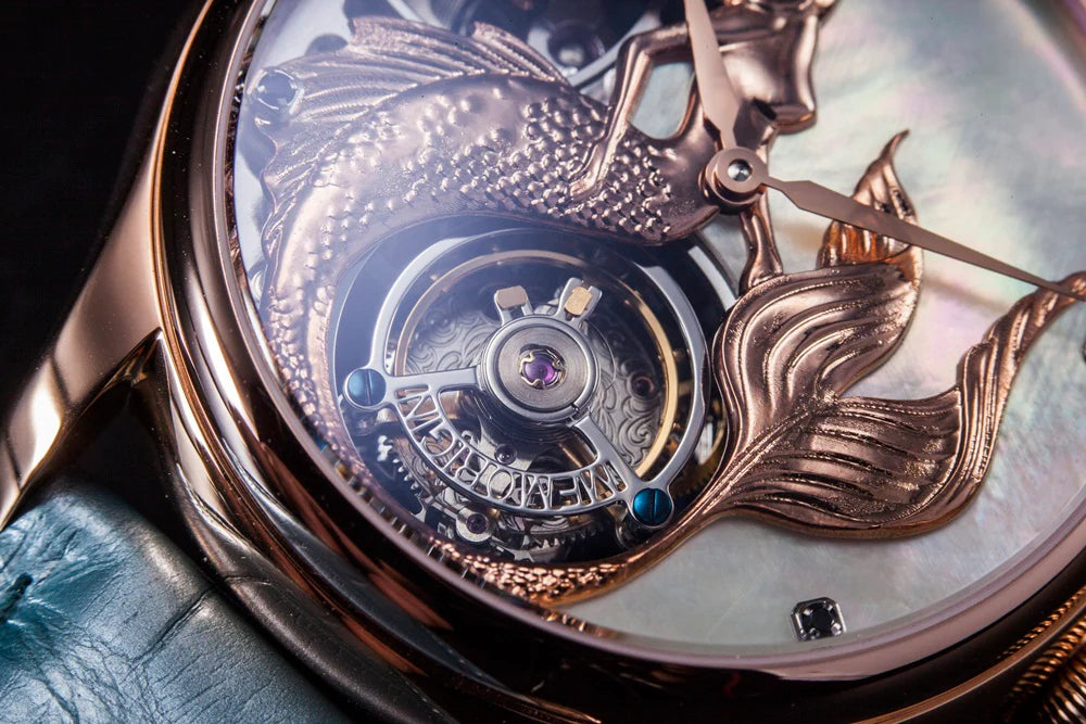 Close-up of a luxurious watch with intricate design and blue leather strap