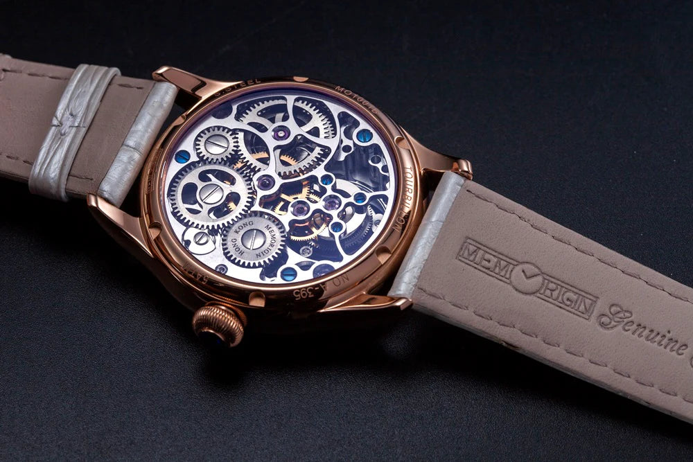 Luxury watch with visible mechanical components on a dark background