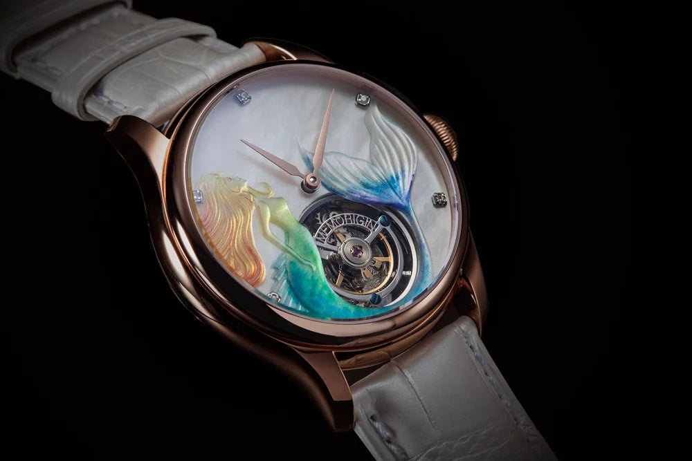 Luxury watch with artistic dial and white strap on black background