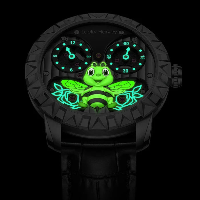 Watch with a green frog design on a black background