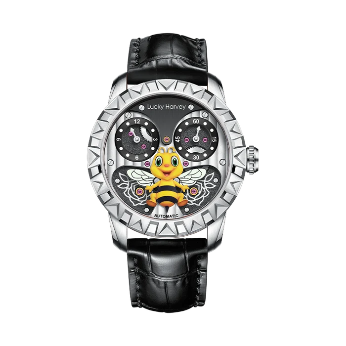 Lucky Harvey automatic watch featuring a silver-tone case with a geometric bezel, a black leather strap, and a detailed dial with a cartoon bee illustration.