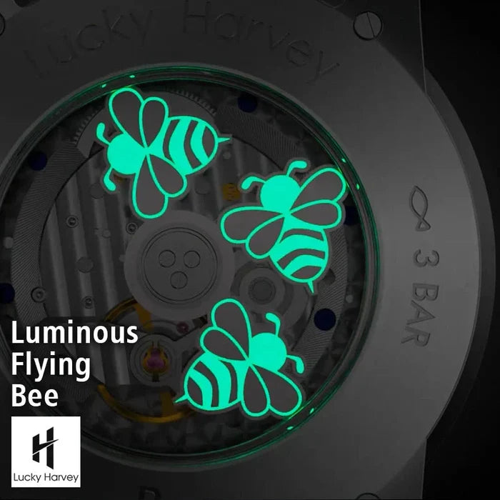 Luminous flying bee designs on a watch mechanism with Lucky Harvey branding.