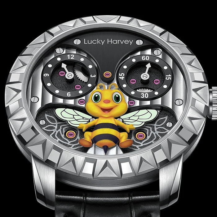 Watch with a cartoon bee character and Lucky Harvey branding on a black background