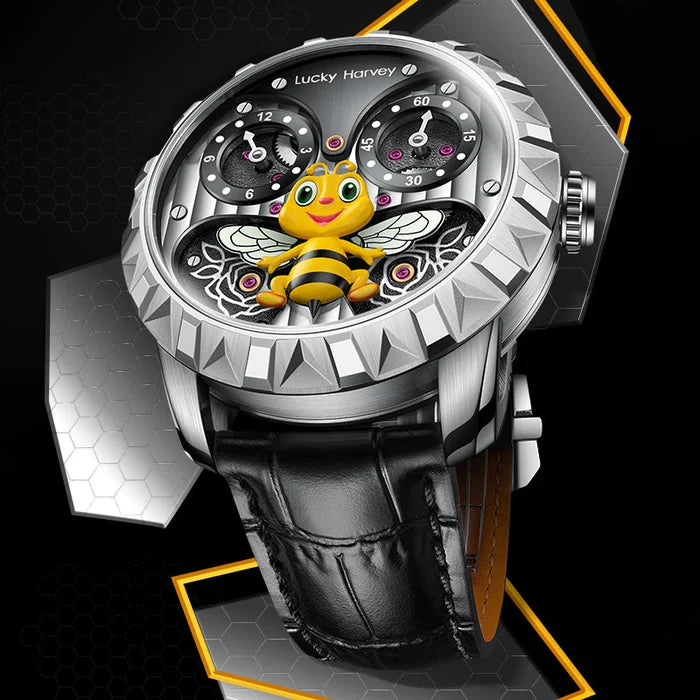 Luxury watch with a unique design featuring a bee character on the dial.