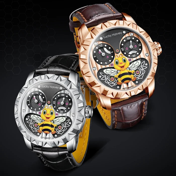 Two watches with bee design on a dark background