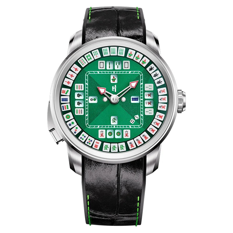 A unique watch with a silver-tone case, a green mahjong-themed dial, and a black leather strap with green stitching, shown against a plain white background.