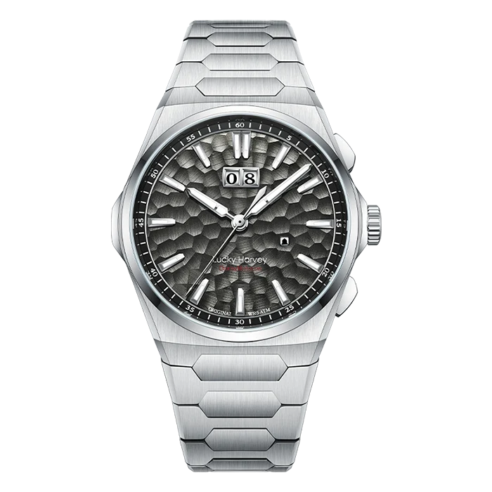 A luxury stainless steel wristwatch with a textured dark gray dial, silver-tone case, and matching multi-link bracelet, shown against a solid white background.