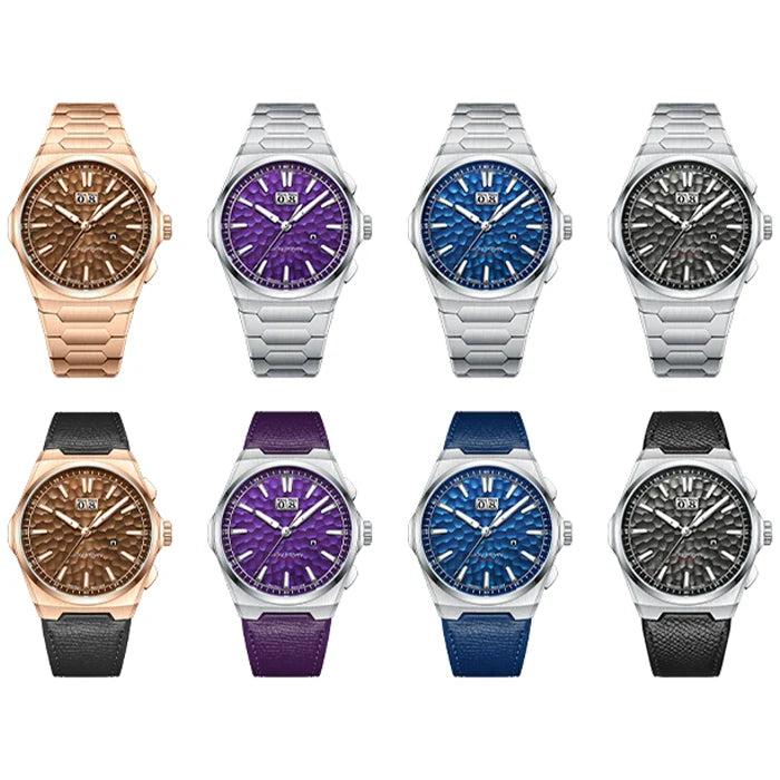 Eight wristwatches arranged in a 2x4 grid on a white background, each with a silver-toned metal bracelet and a different dial color: rose gold brown, purple, blue, and black; black, purple, blue, and black.