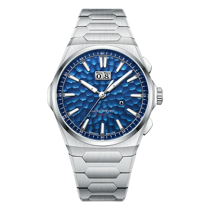 A Lucky Hoey stainless steel wristwatch with a textured blue wave-pattern dial, silver-tone case, and matching link bracelet, shown against a plain white background.