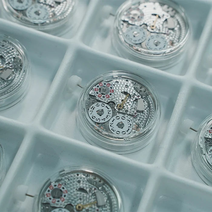 Close-up of multiple small clear plastic compartments containing silver watch movement components arranged in a light blue tray.