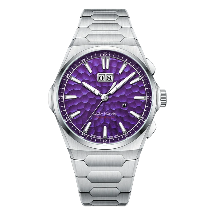 A Lucky Hoey wristwatch with a brushed silver stainless steel case and link bracelet, featuring a textured purple dial with silver-tone indices and a date window.
