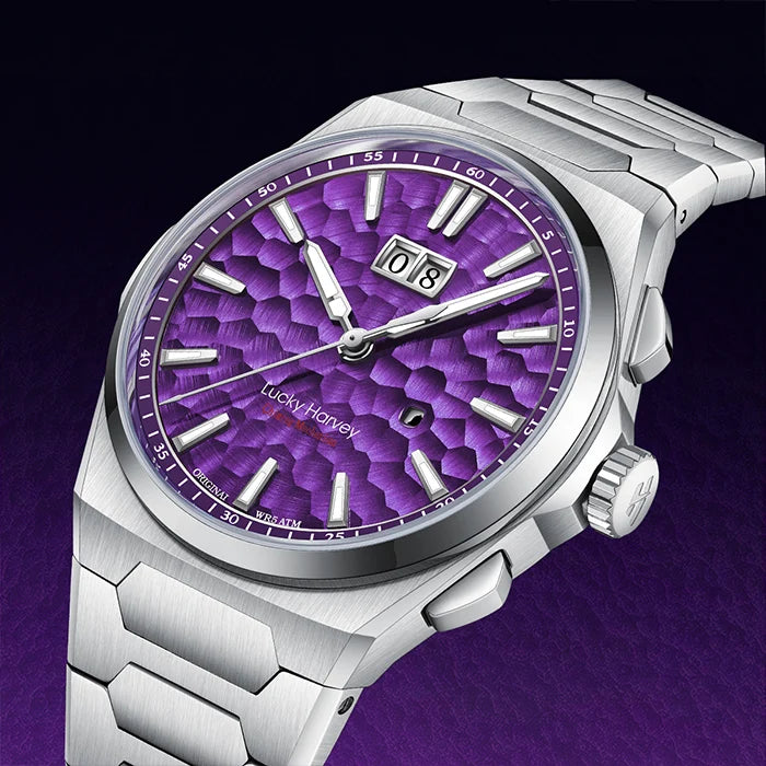 Silver watch with a purple face on a dark background