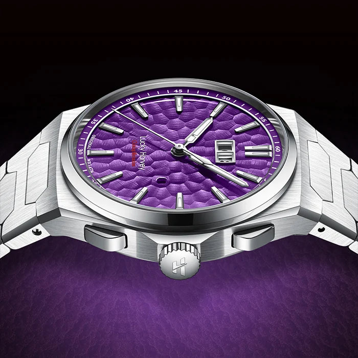 Watch with a purple face and silver case on a matching purple background