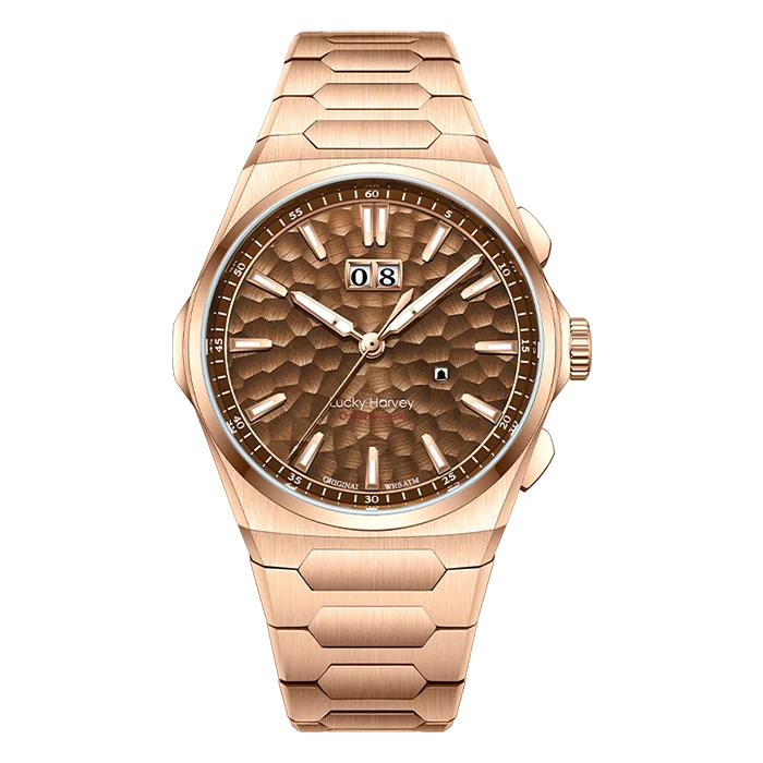 A luxury wristwatch featuring a brushed rose gold stainless steel case and integrated link bracelet, with a textured brown dial, date window, and luminous indices. The brand name 'Lucky Star' is visible on the dial.