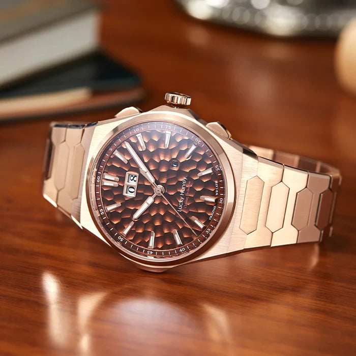 Luxury watch with intricate design on a wooden surface