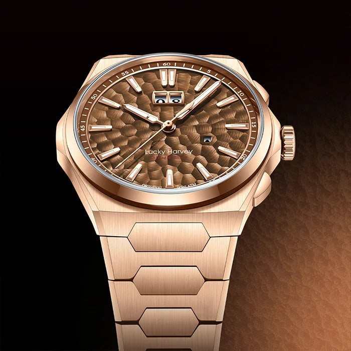 Rose gold watch with detailed face on a dark background