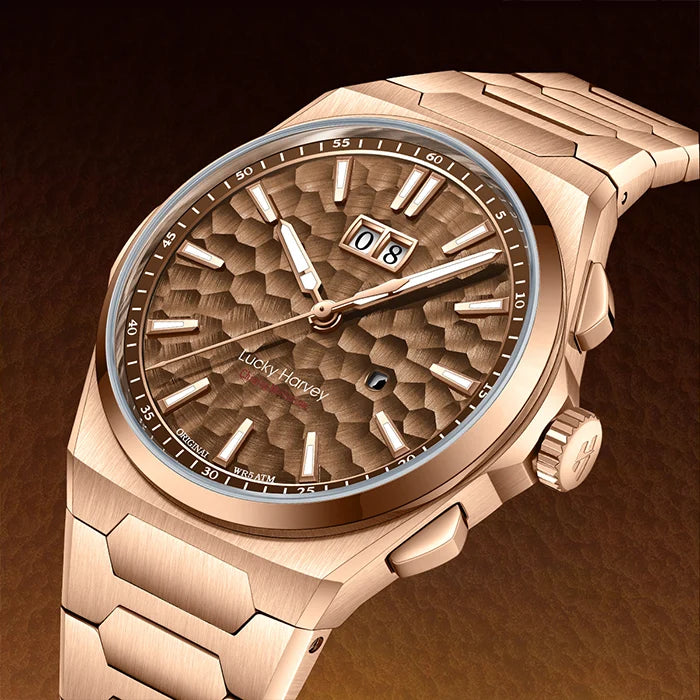 Rose gold watch with detailed face on a dark brown background
