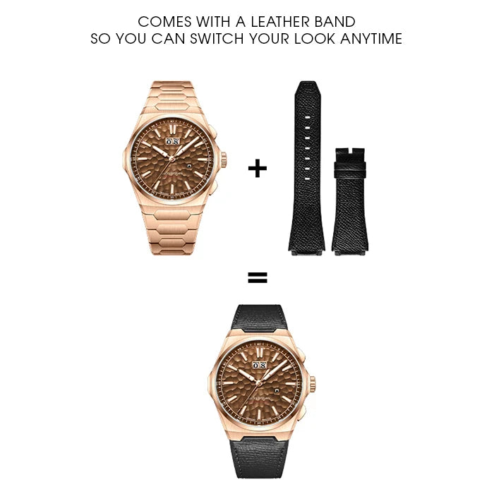 Rose gold watch with brown face and black leather strap on a white background