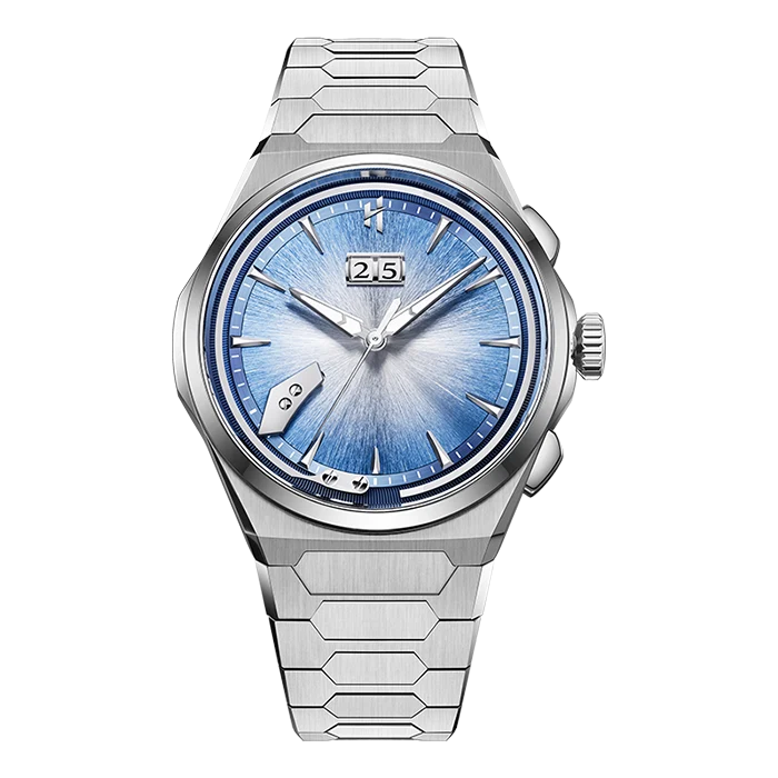 A titanium wristwatch with a textured blue sunburst dial, silver hour markers, a date window at 3 o'clock, and a matching stainless steel link bracelet, shown against a plain white background.