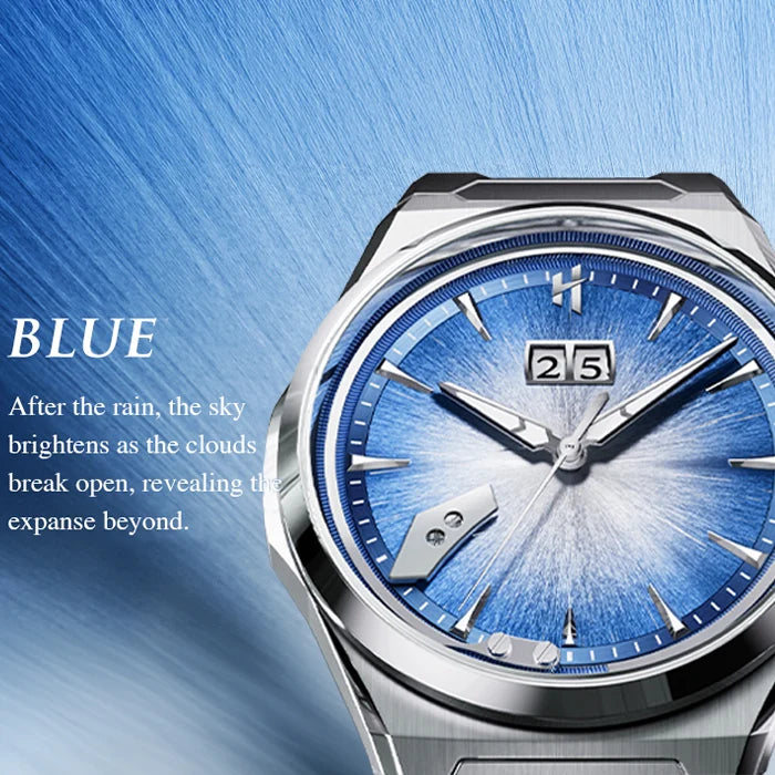 A close-up of a titanium wristwatch with a blue sunburst dial, silver case, and date window showing 25. The watch is set against a blue textured background with text on the left reading 'BLUE' and a poetic description about rain and sky.