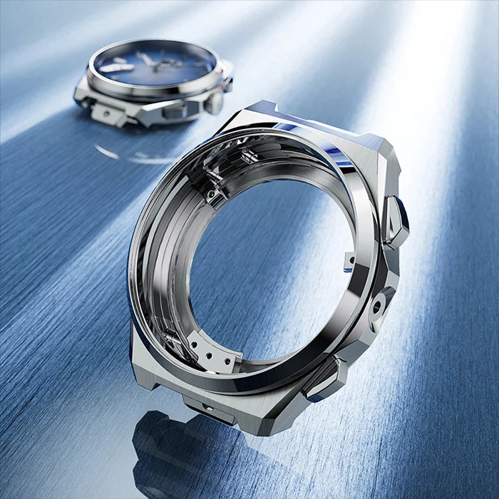 A polished stainless steel smartwatch case frame shown on a reflective blue metallic surface, with a completed watch face visible in the background.