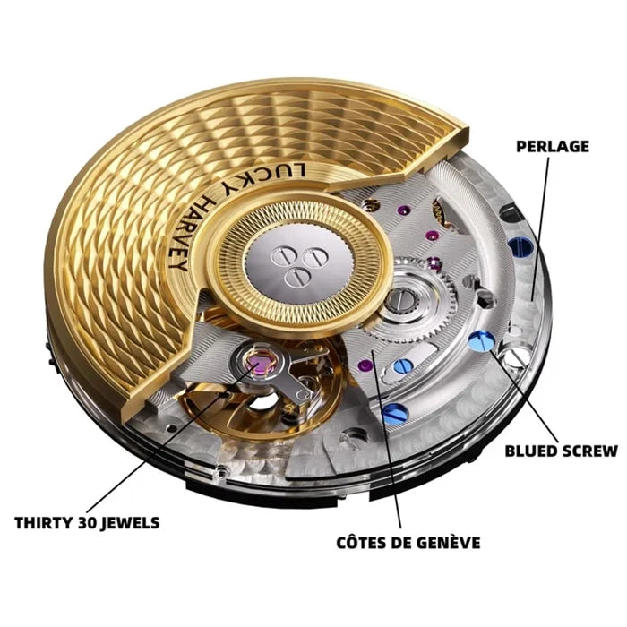 An open-face view of a luxury watch movement with gold-toned case elements, silver-toned inner gears, and labeled callouts including PERLAGE, BLUED SCREW, THIRTY 30 JEWELS, and CÔTES DE GENÈVE on a white background.