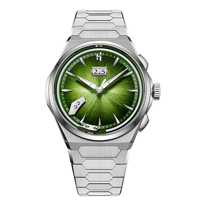 A silver titanium wristwatch with a textured green sunburst dial, featuring a date window at 3 o'clock and a matching green accent on the inner bezel, set against a plain white background.
