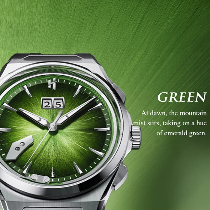 A close-up of a wristwatch with a bright green sunburst dial and silver stainless steel case, set against a textured green background with descriptive text.