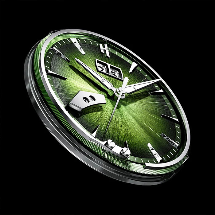 A close-up of a round wristwatch with a bright green sunburst dial, silver-tone case, and date window, shown floating against a solid black background.