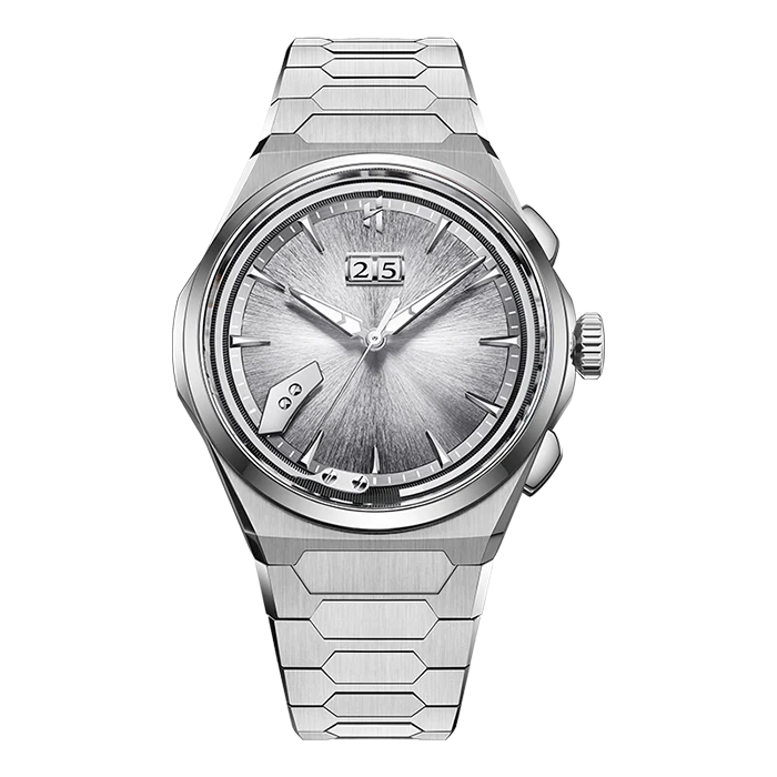 A silver titaniuml wristwatch with a textured sunburst dial, featuring a date window at 3 o'clock and a day/date indicator at 10 o'clock, set against a plain white background.