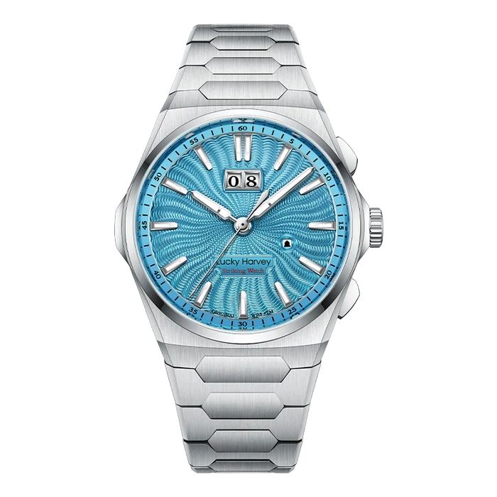 A Lucky Harver wristwatch with a brushed silver stainless steel case and link bracelet, featuring a textured light blue dial with silver baton indices and a date window.